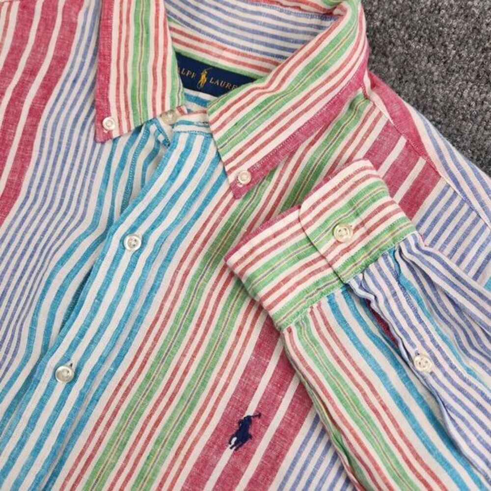 Ralph Lauren‎ Bright Multicolor Stripe 100% LINEN Long Sleeve Logo Shirt L